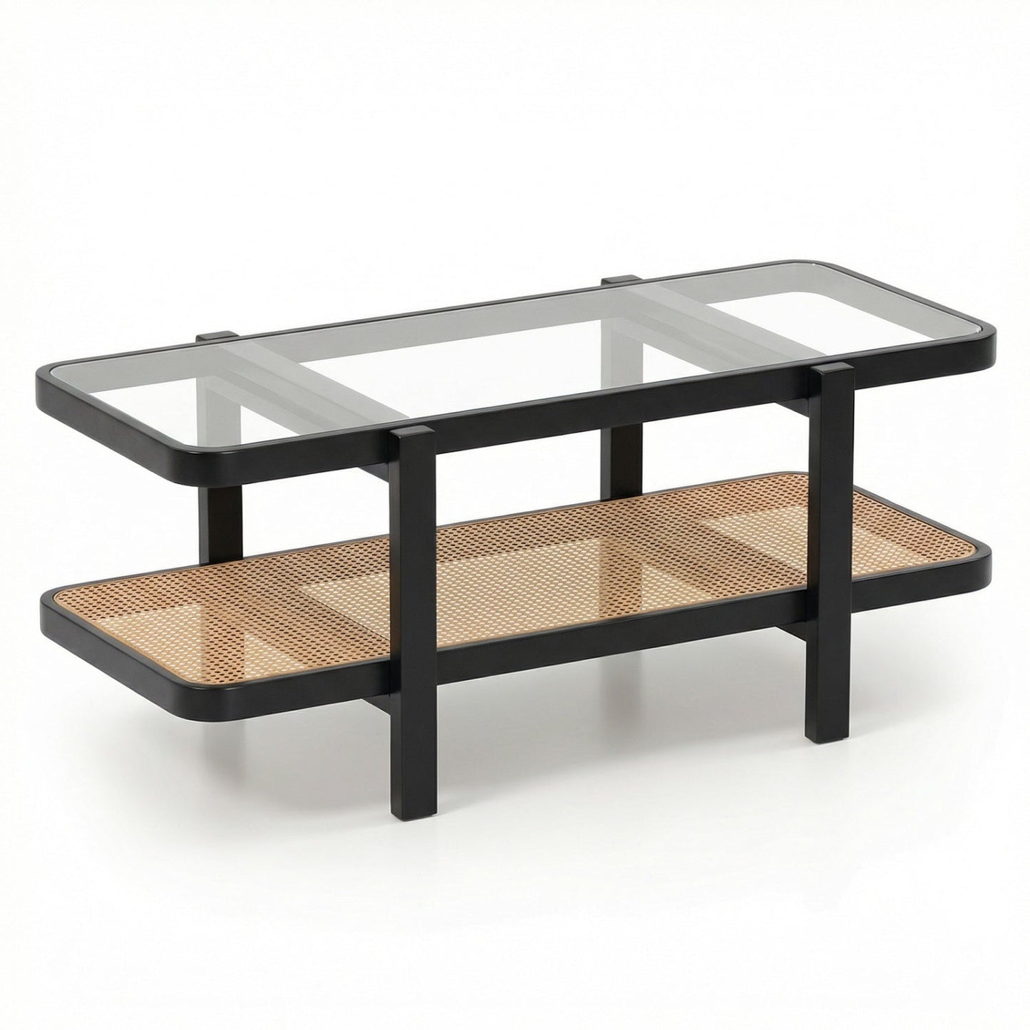 2-Tier Coffee Table with Storage and Tempered Glass Tabletop