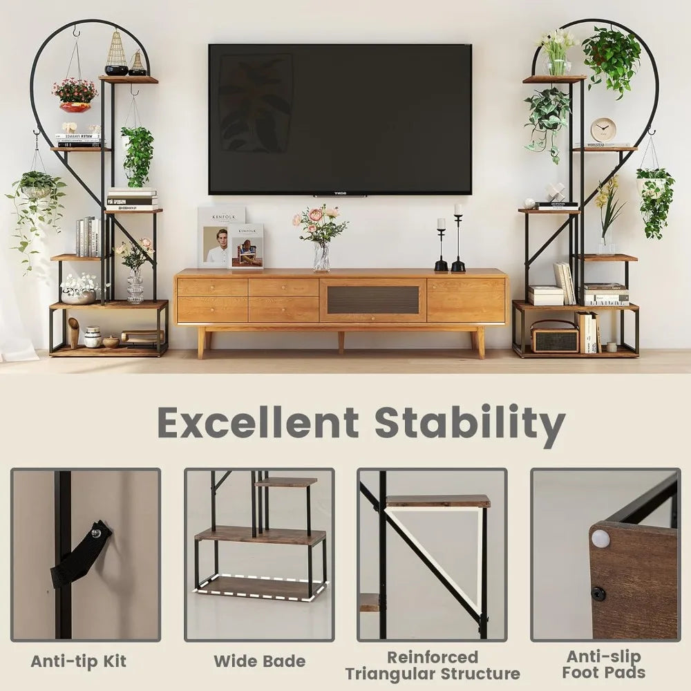 Tall Plant Stand Indoor, Metal Heart Shaped Plant Shelf for Plants Multiple with 6 Hanging Hooks & 12 Boards.