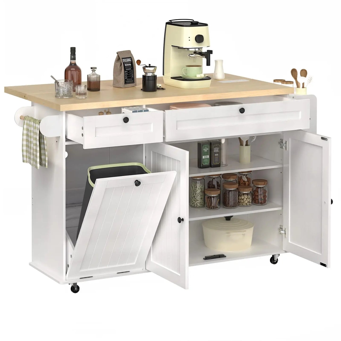 Mobile Kitchen Island with Trash Storage Cabinet & Power Outlet