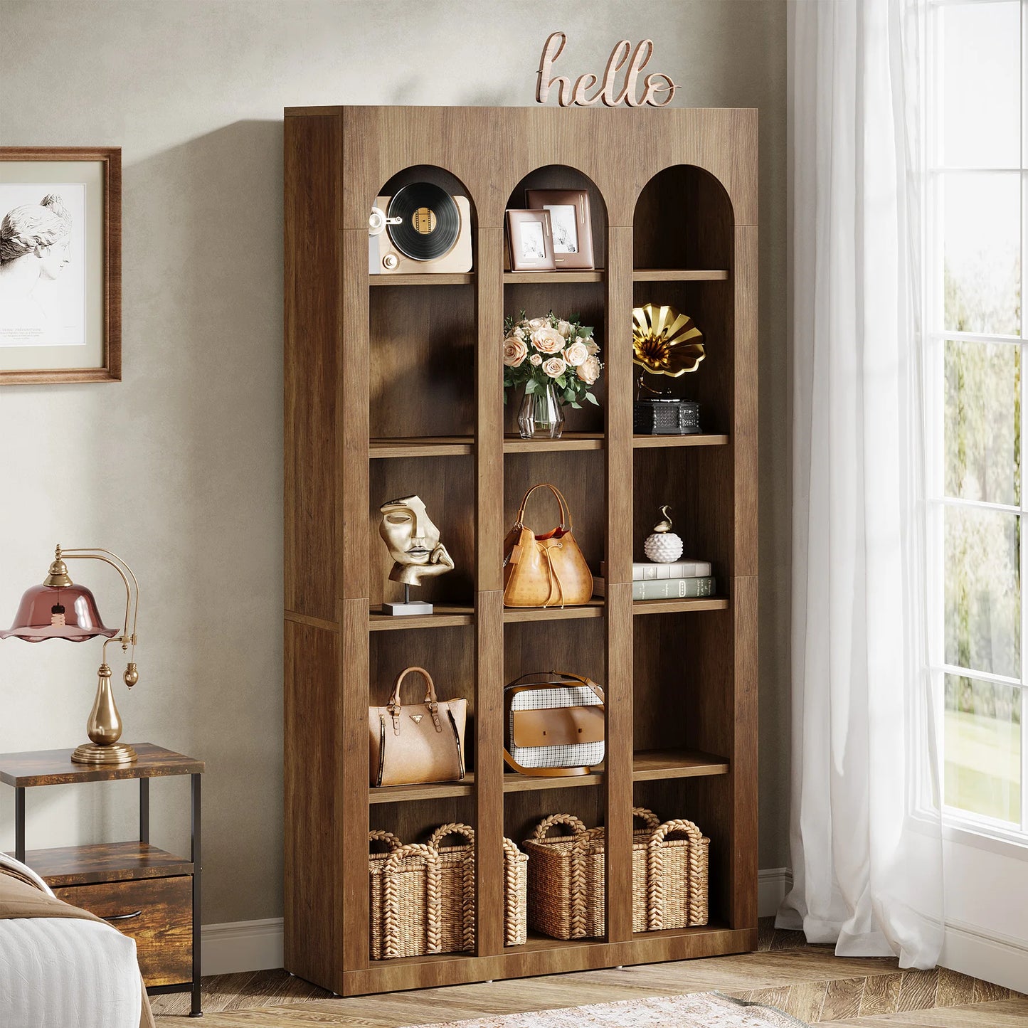 70.87" Tall, Arched Display Bookcase with Open Storage