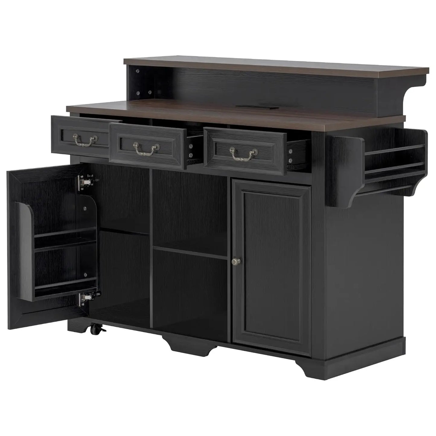 Mobile Farmhouse Kitchen Island with Dining Counter & Power Outlet