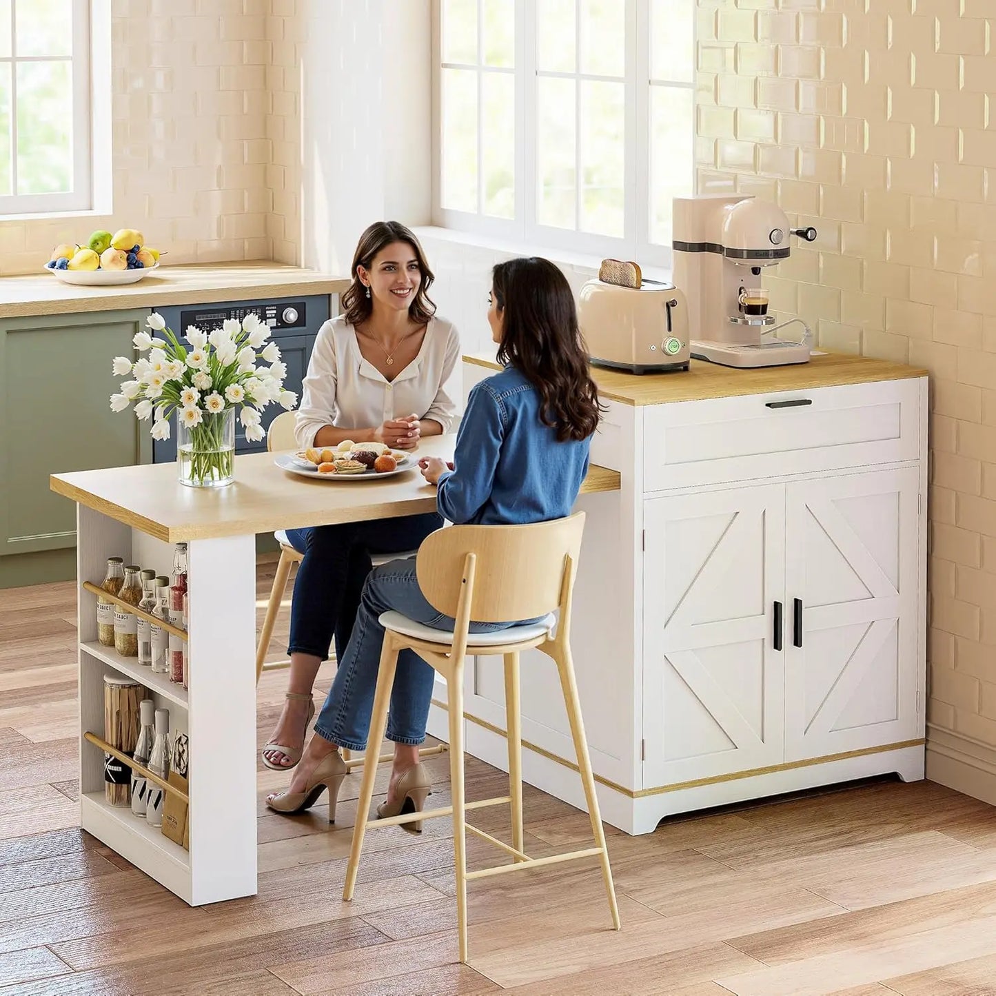 Extendable Farmhouse Kitchen Island with Dining Table & Spice Rack