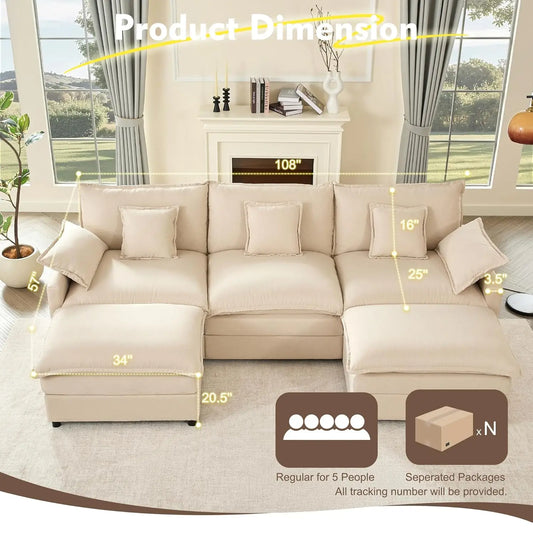 Sectional Linen Sofa with Movable Ottomans