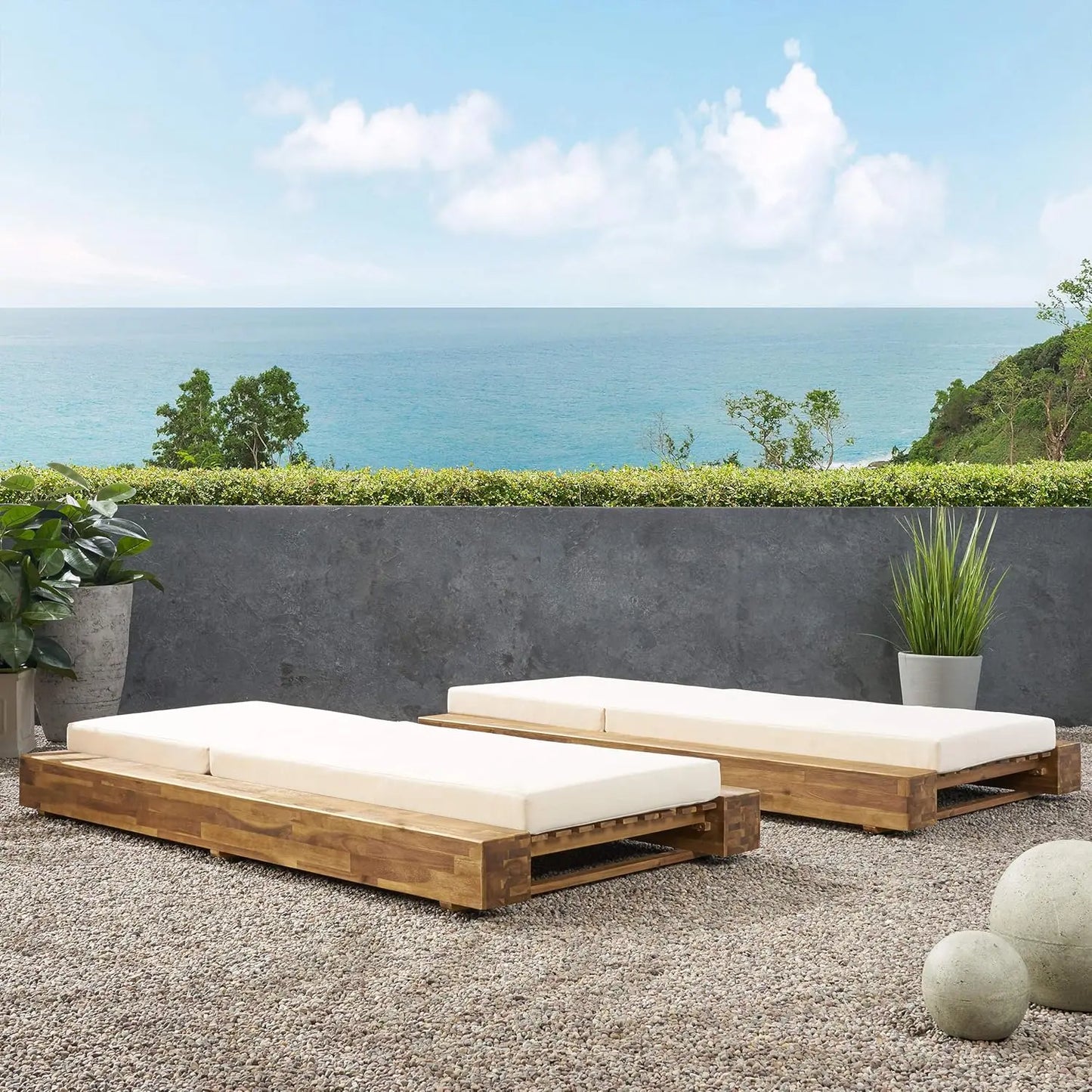 Acacia Wood Outdoor Chaise Lounge Set of 2