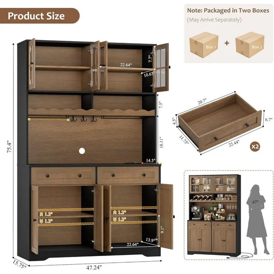 75.4" Tall, Kitchen Pantry Cabinet with Charging Station