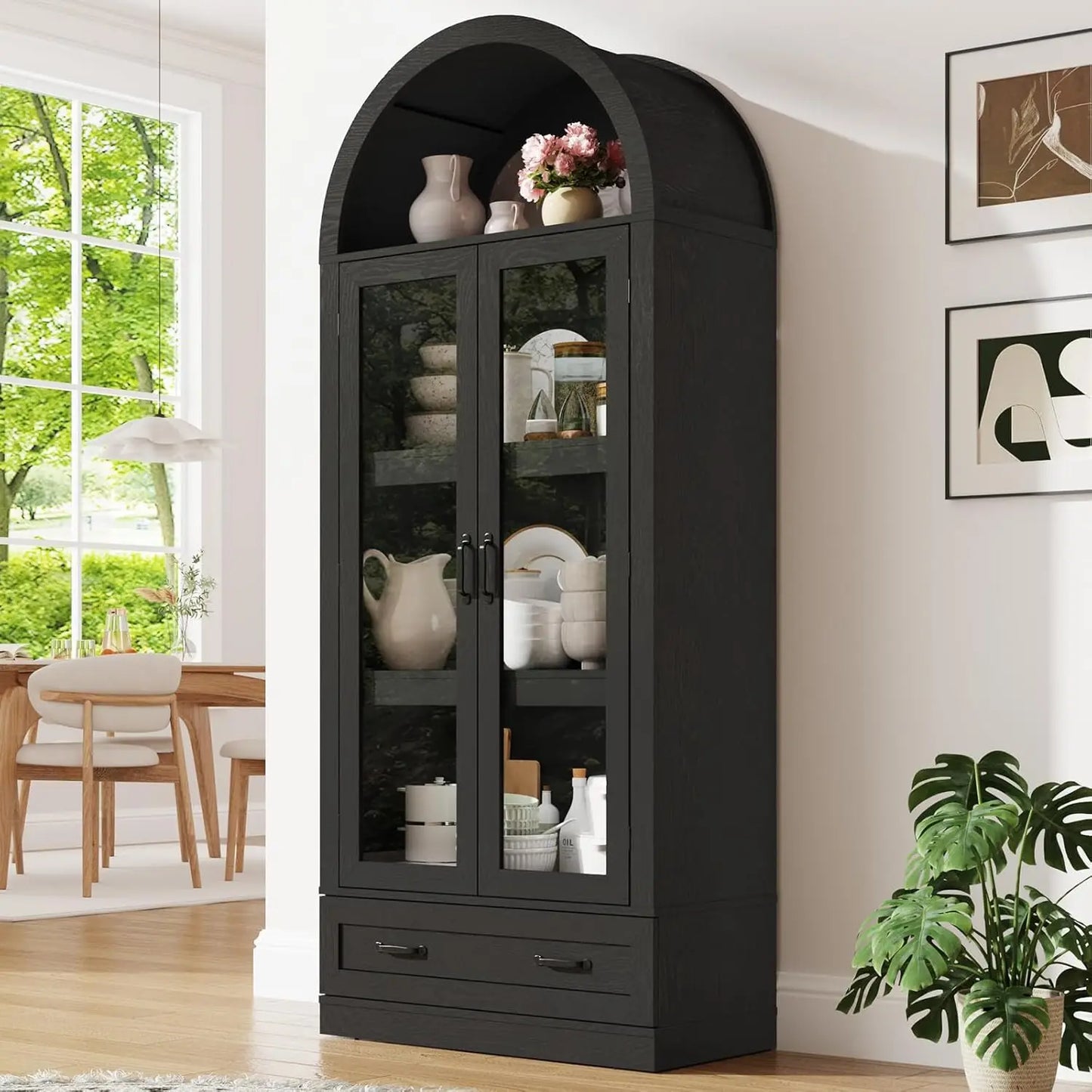 75" Tall, Arched Kitchen Pantry Cabinet with Glass Doors
