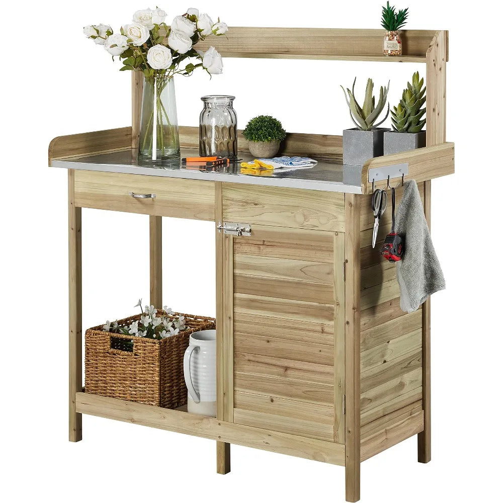 Outdoor Garden Potting Bench with Metal Tabletop
