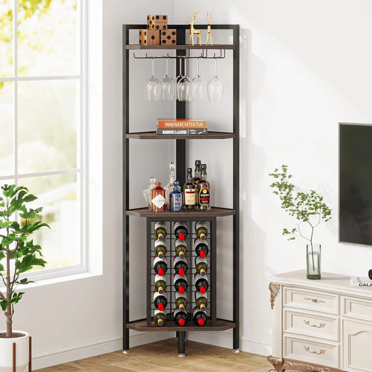 Corner Shelf Wine Rack Bar Cabinet with Glass Holder