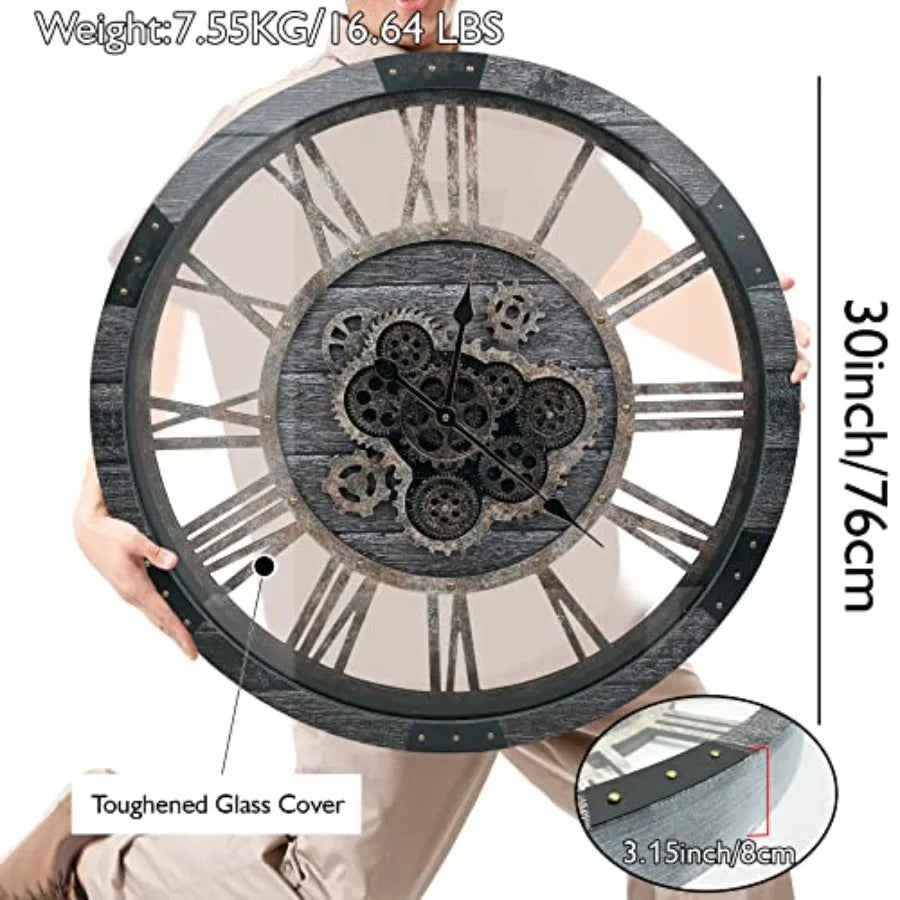 Large Farmhouse Wall Clock with Moving Gears