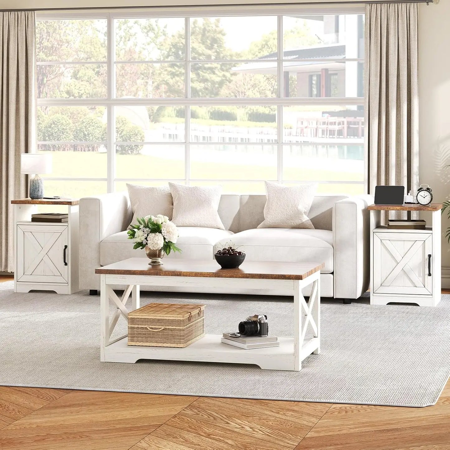 3-Piece Farmhouse Coffee & End Table Set with USB Ports