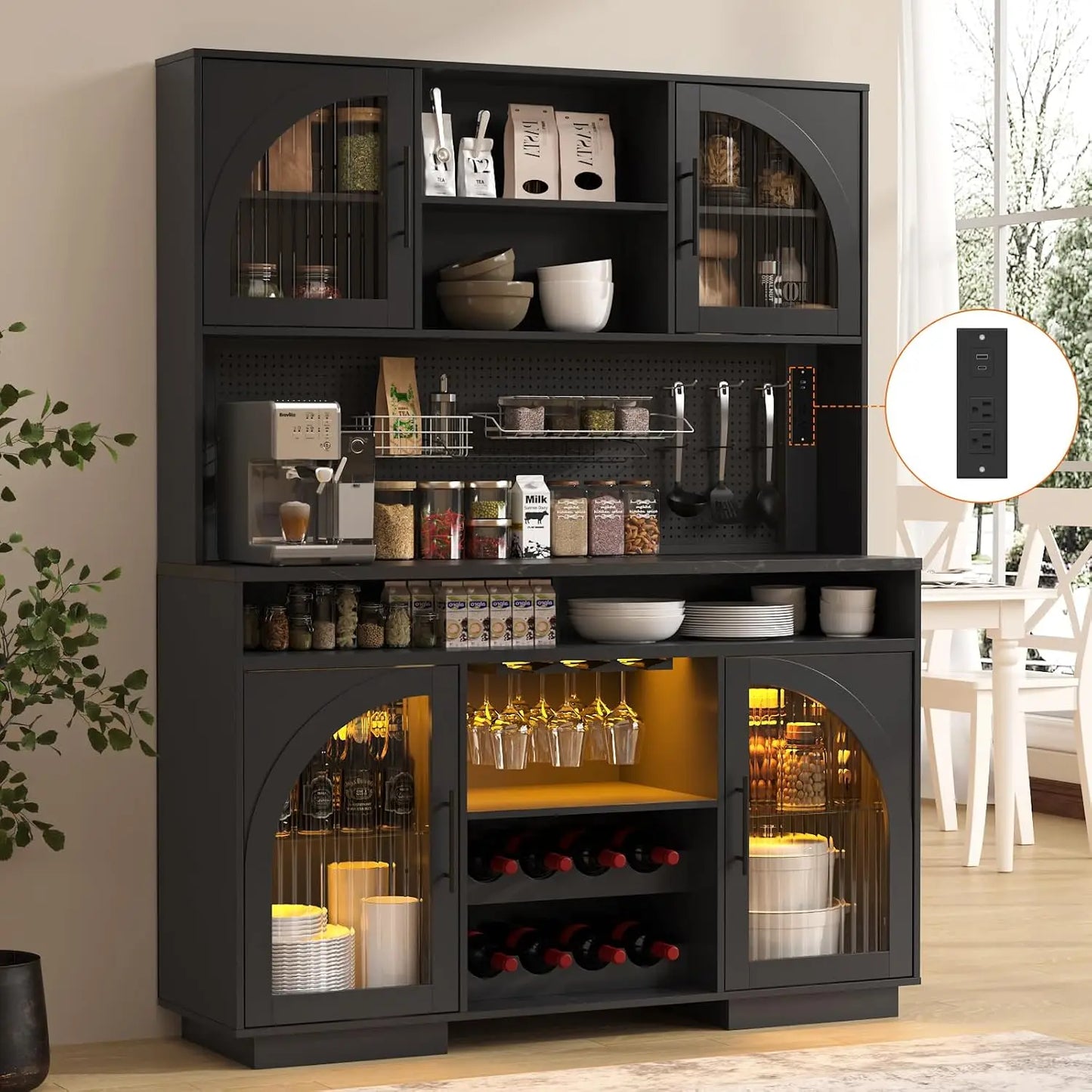 71" Tall, Kitchen Hutch Cabinet with Charging Station & LED