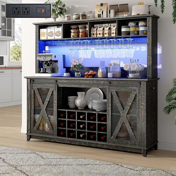 Farmhouse Coffee or Wine Buffet Cabinet with Power Outlet