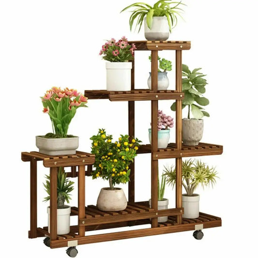 Wooden Plant Stand for Indoor, Outdoor with Wheels