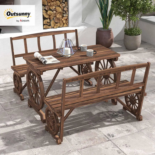 3 Piece Outdoor Wooden Rustic Table and Bench Set