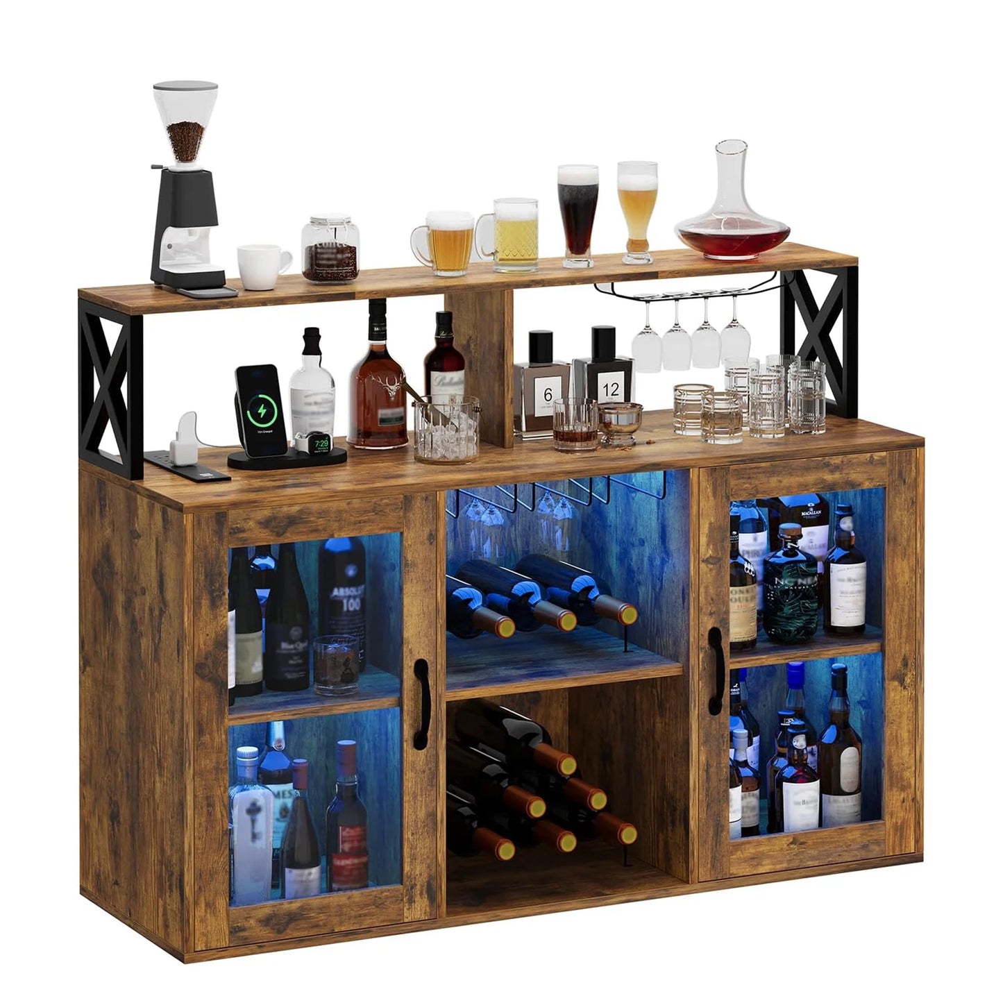 Farmhouse Wine Bar Cabinet with LED Light &Power Outlets