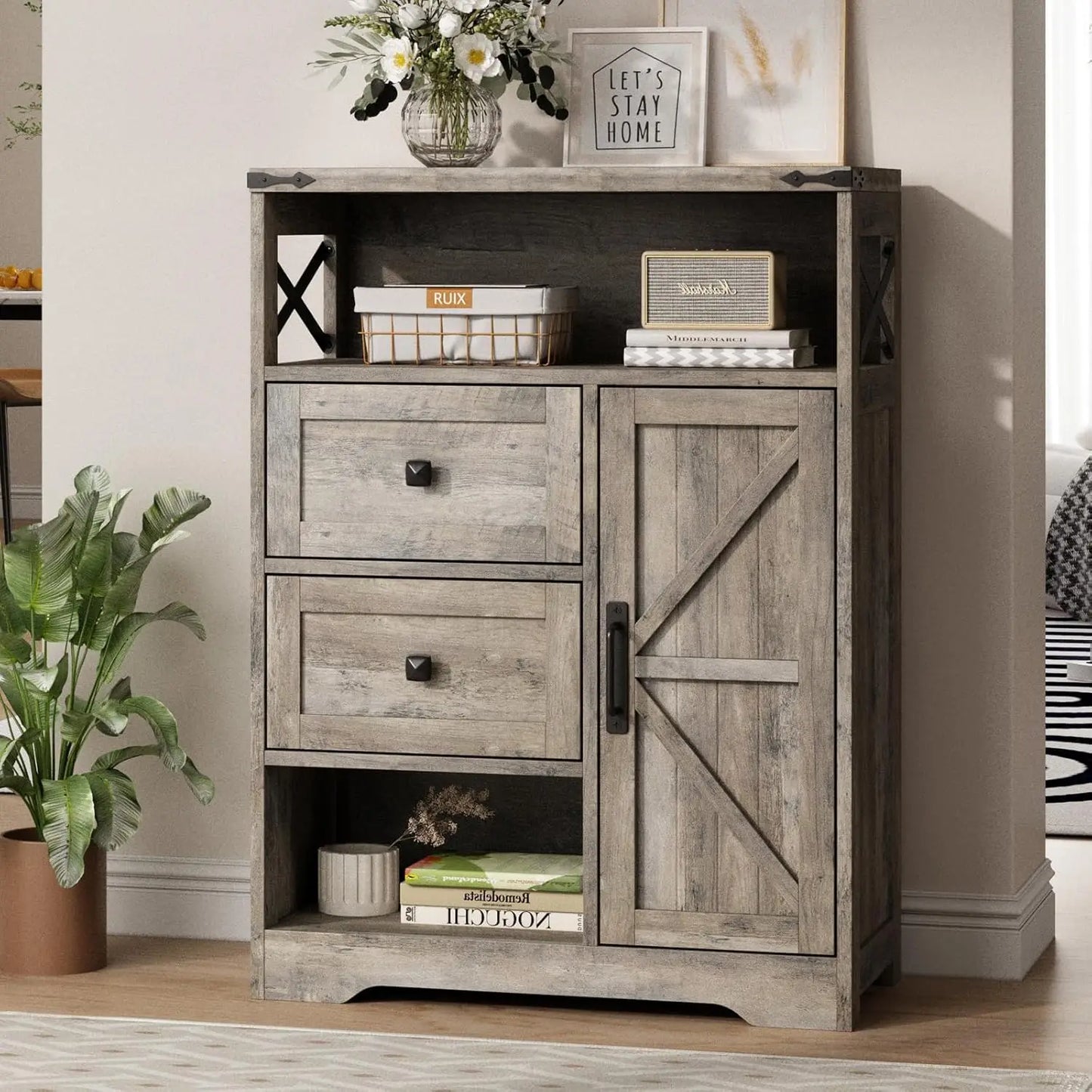 Farmhouse Kitchen Cabinet with 2 Drawers & Shelves