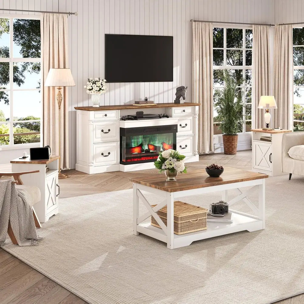 3-Piece, Farmhouse Coffee & End Tables Set with USB Ports
