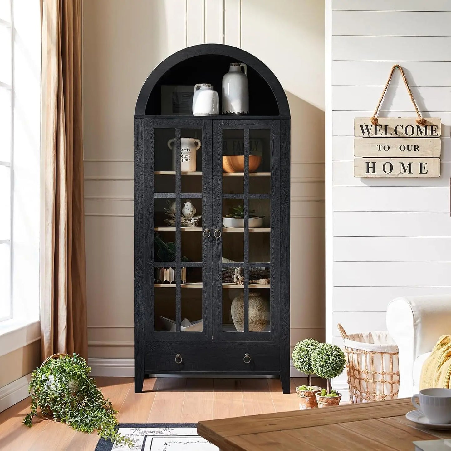 71” Tall, Arched Farmhouse Cabinet with Glass Doors
