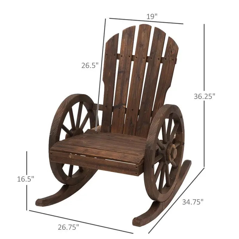 Rustic Wooden Rocking Chair with Wagon Wheel Armrests for Porch & Patio