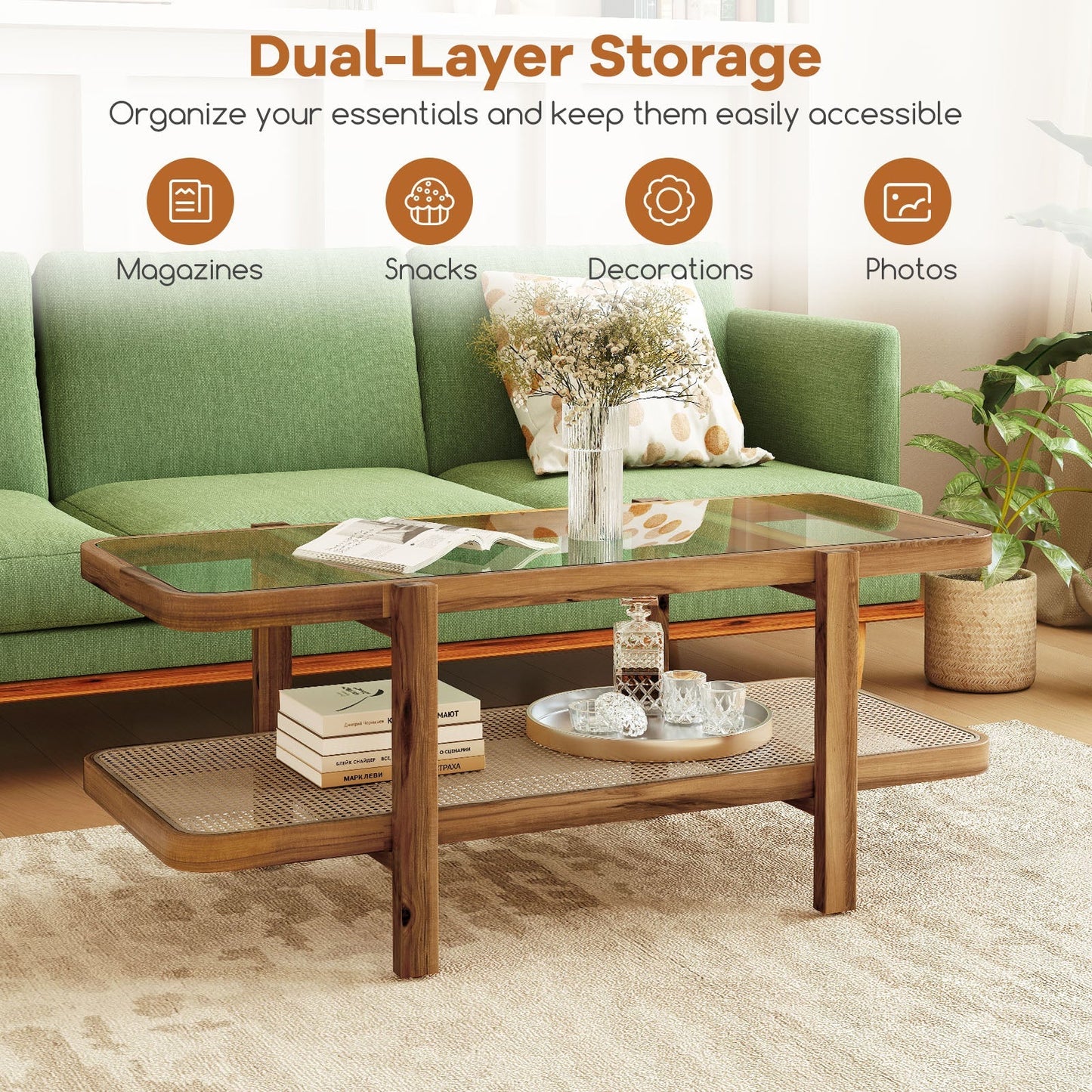 2-Tier Coffee Table with Storage and Tempered Glass Tabletop
