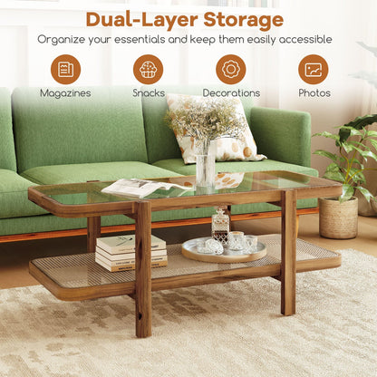 2-Tier Coffee Table with Storage and Tempered Glass Tabletop