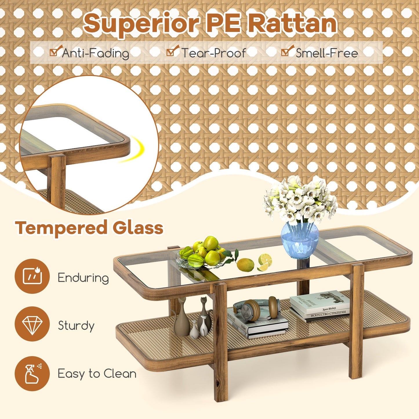 2-Tier Coffee Table with Storage and Tempered Glass Tabletop