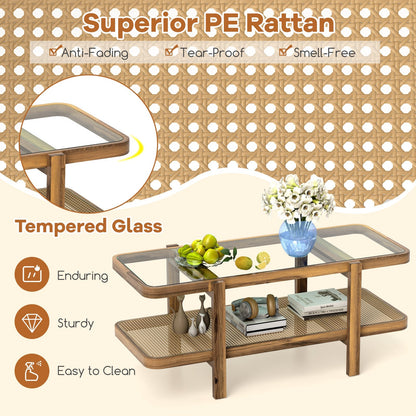 2-Tier Coffee Table with Storage and Tempered Glass Tabletop