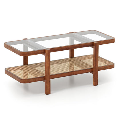 2-Tier Coffee Table with Storage and Tempered Glass Tabletop