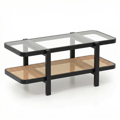 2-Tier Coffee Table with Storage and Tempered Glass Tabletop