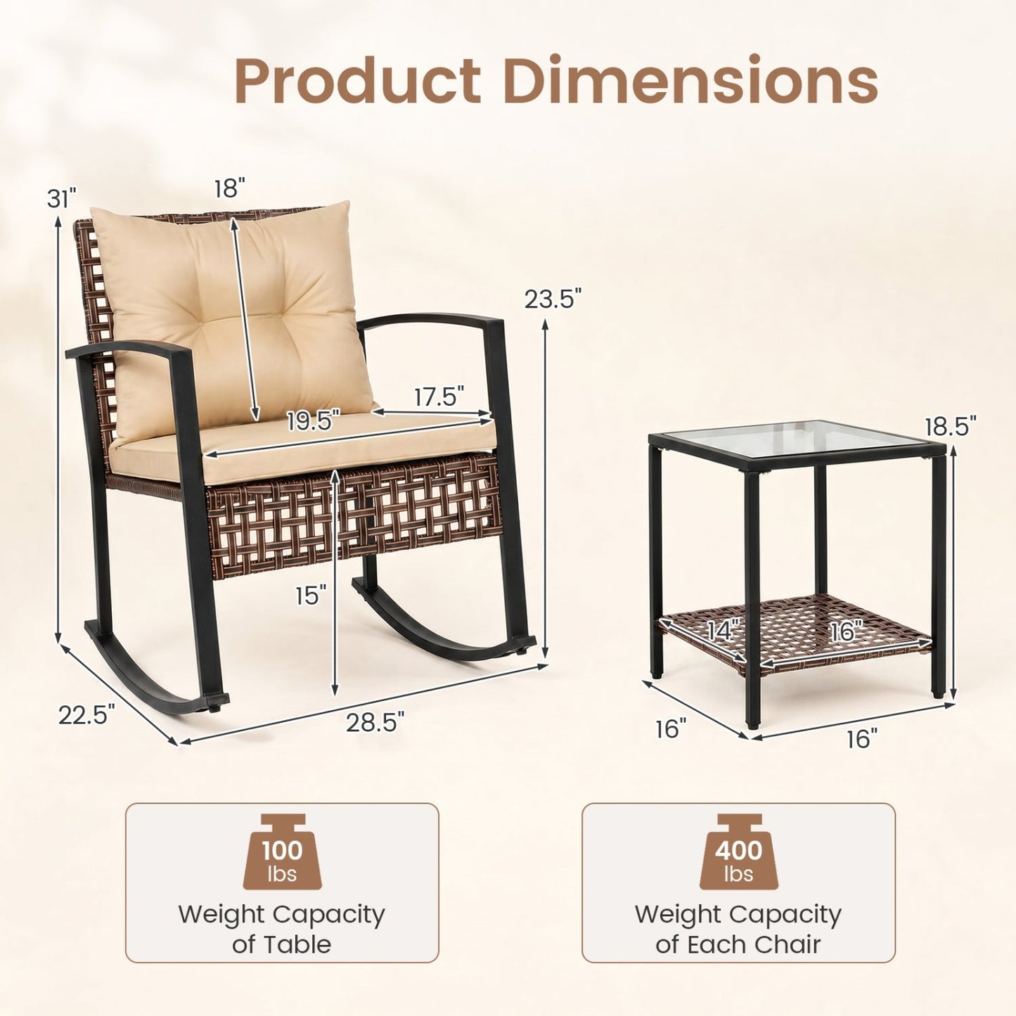 3-Piece Rocking Chair Patio Set with Glass Coffee Table