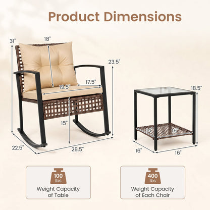 3-Piece Rocking Chair Patio Set with Glass Coffee Table