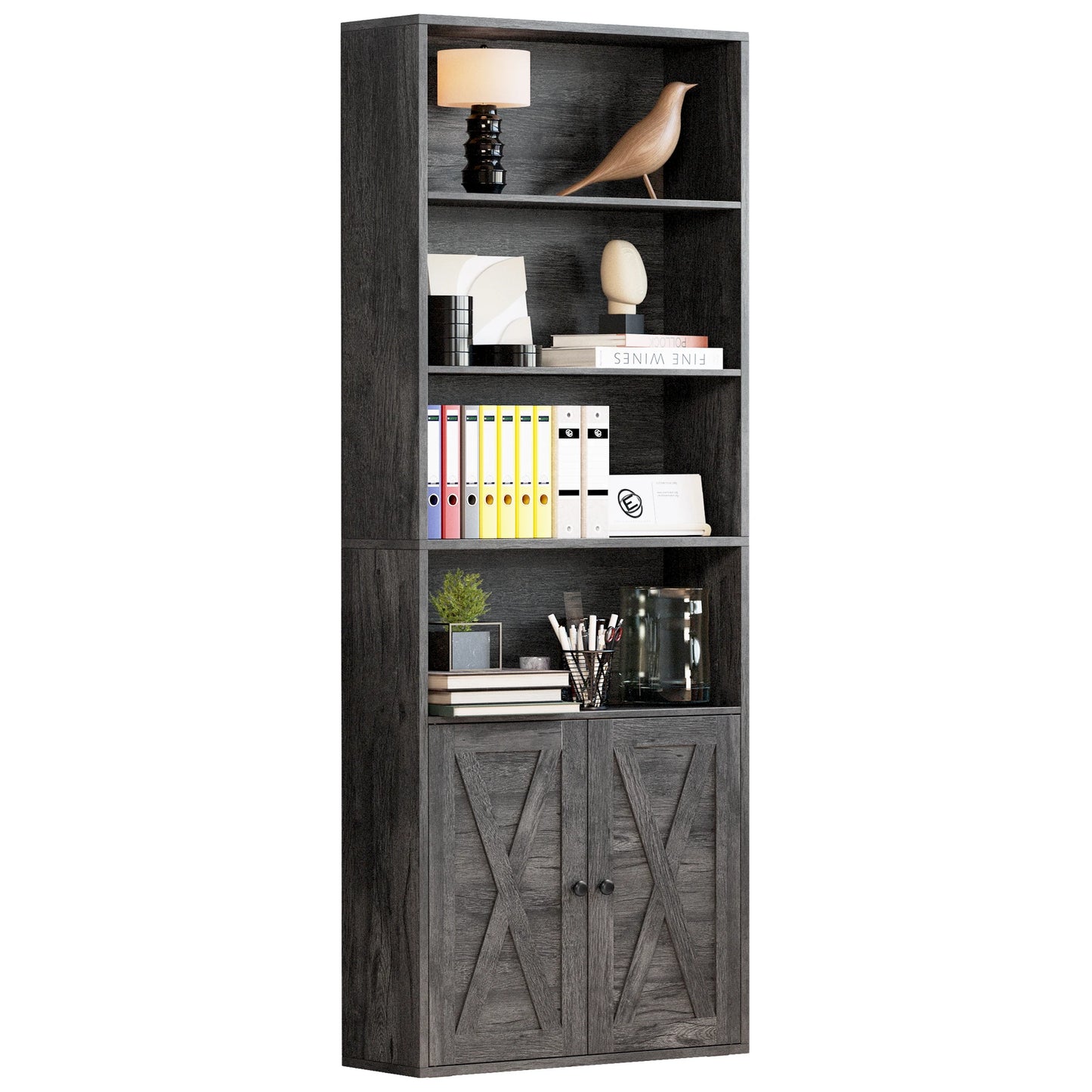 Farmhouse Bookshelf with Open Display & Storage Cabinet