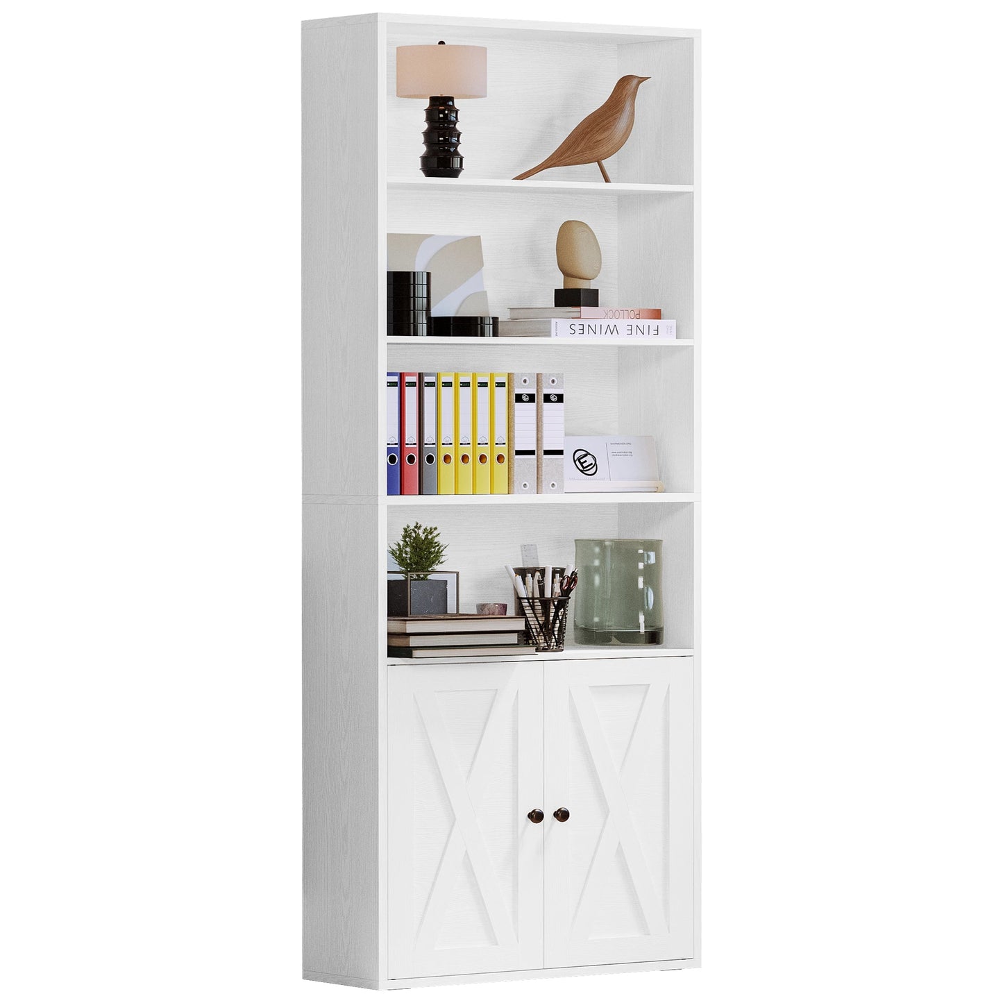 Farmhouse Bookshelf with Open Display & Storage Cabinet