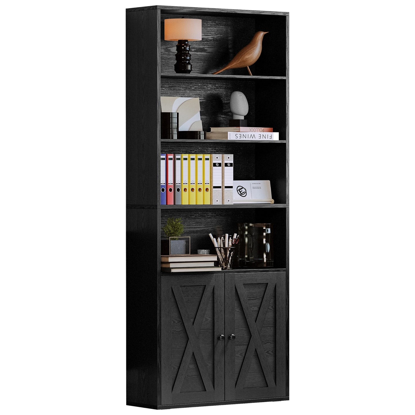 Farmhouse Bookshelf with Open Display & Storage Cabinet