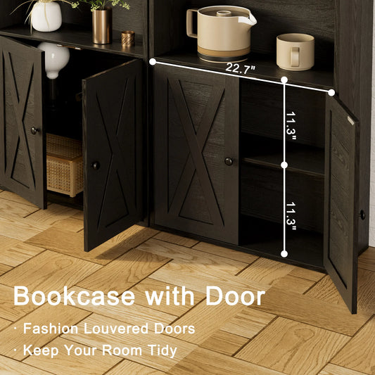 Farmhouse Bookshelf with Open Display & Storage Cabinet
