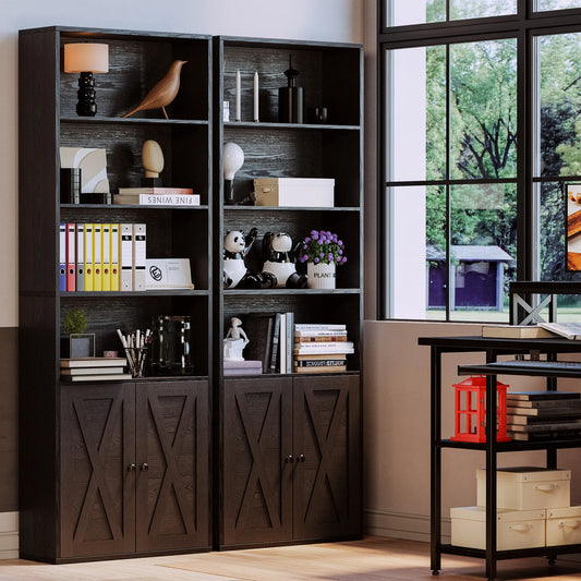 Farmhouse Bookshelf with Open Display & Storage Cabinet