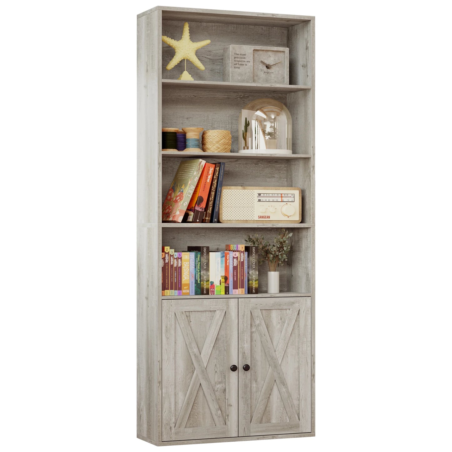 Farmhouse Bookshelf with Open Display & Storage Cabinet