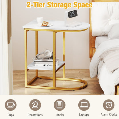 C-Shaped Side Table with Faux Marble Top and Storage Shelf