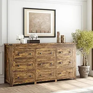 Wooden Dresser for Bedroom with 9 Drawers & Metal Handles