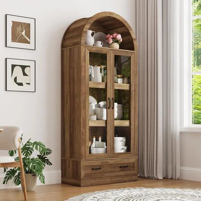 75" Tall, Arched Kitchen Pantry Cabinet with Glass Doors