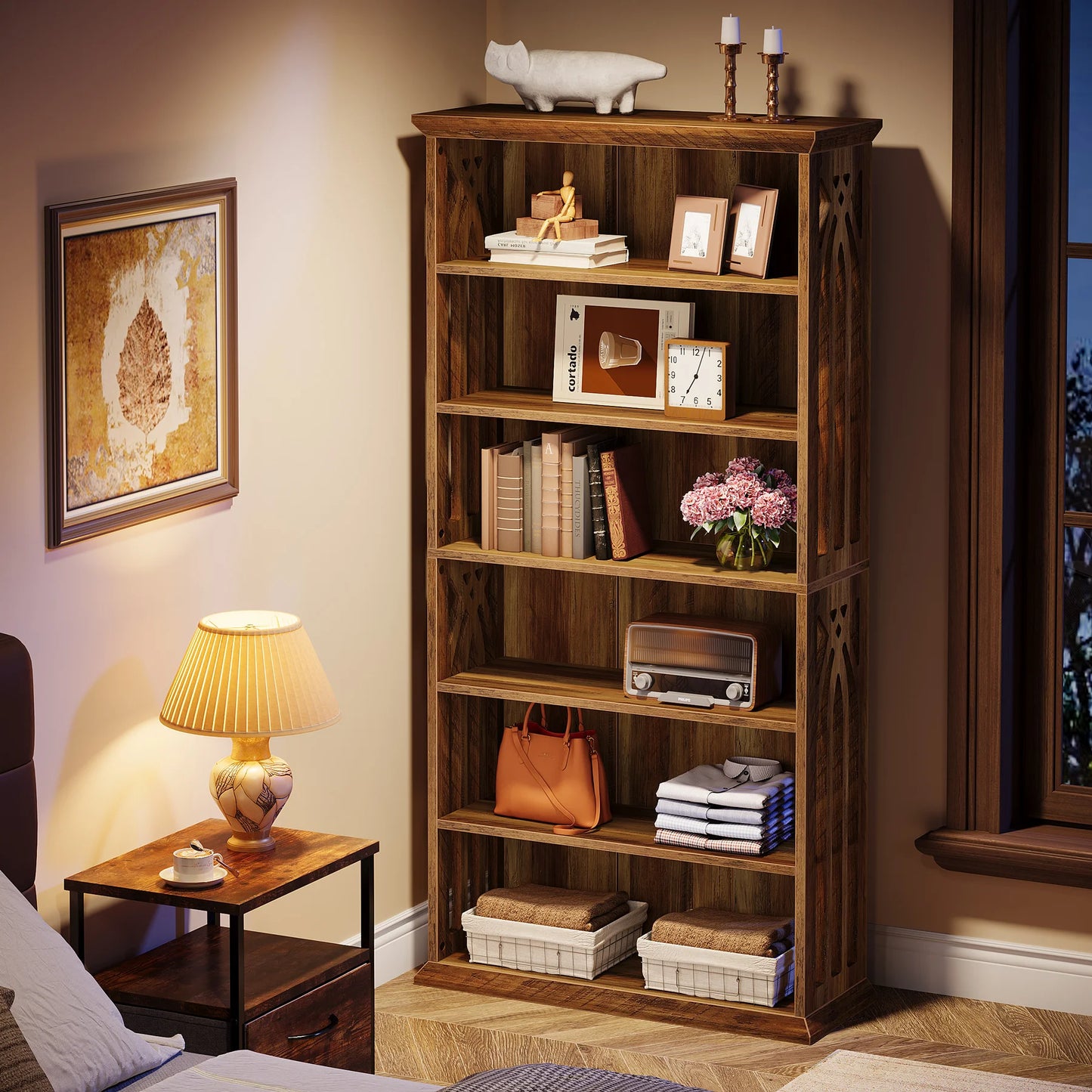 75" Tall Wooden Bookshelf with Display Shelves
