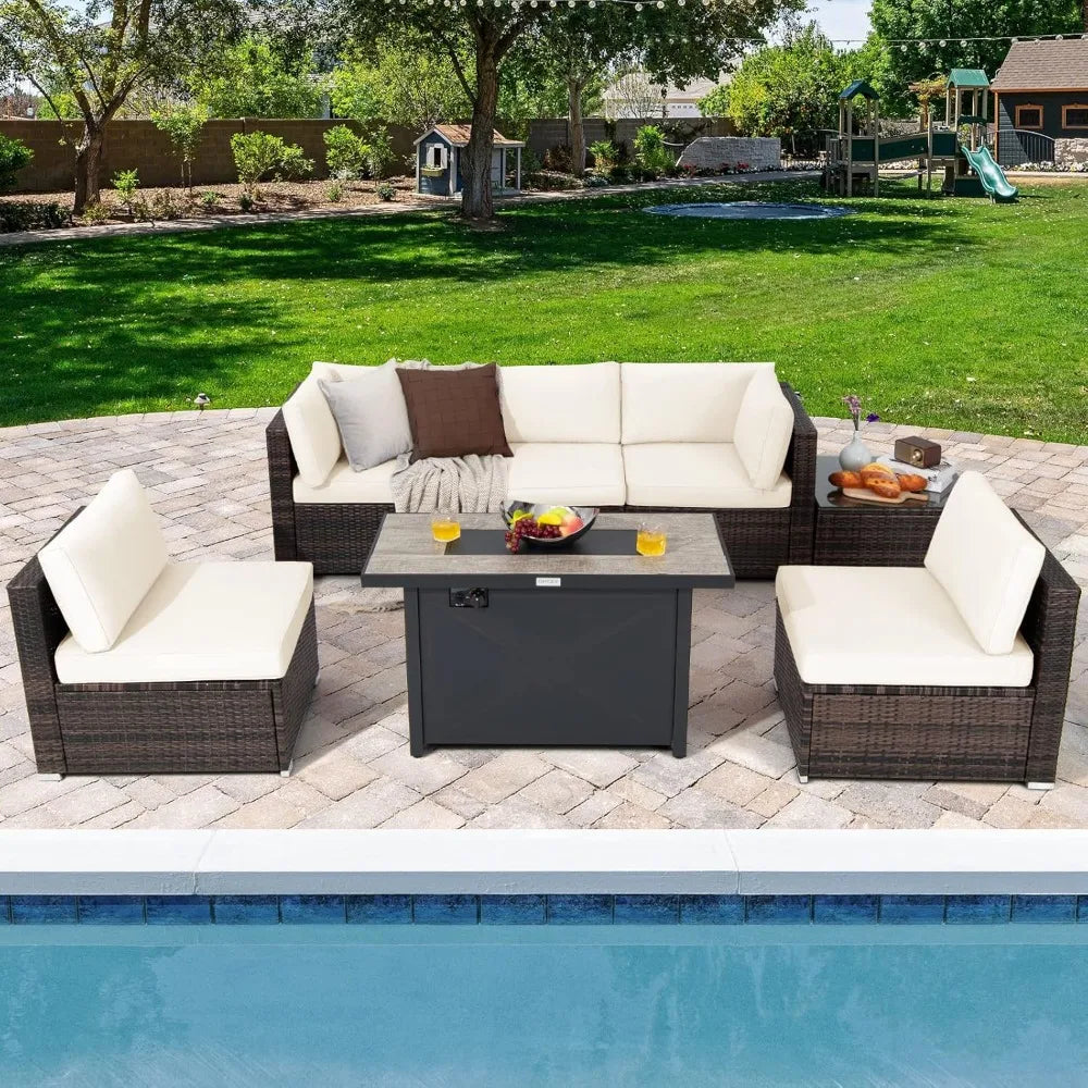 7 Piece Patio Furniture Set with Fire Pit Table