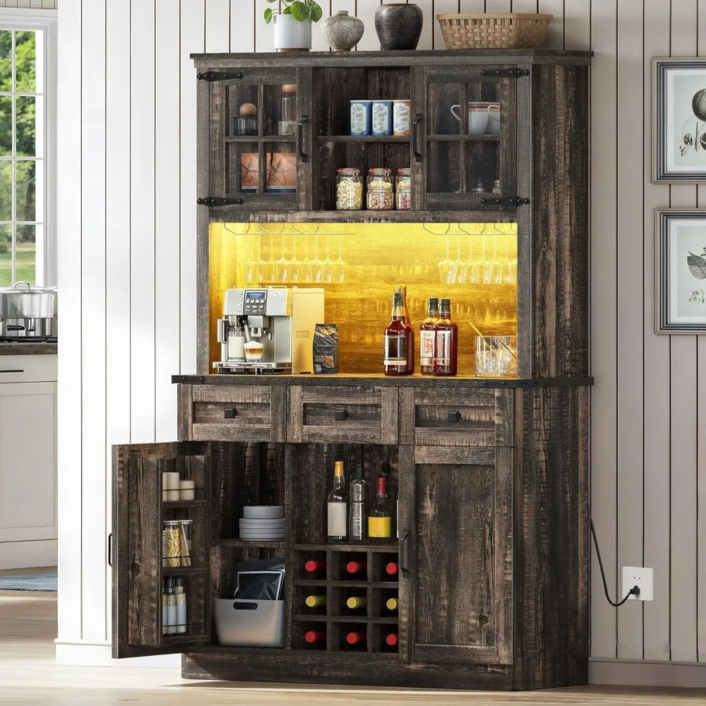 72" Tall Farmhouse Pantry Cabinet with Power Outlet & Lights