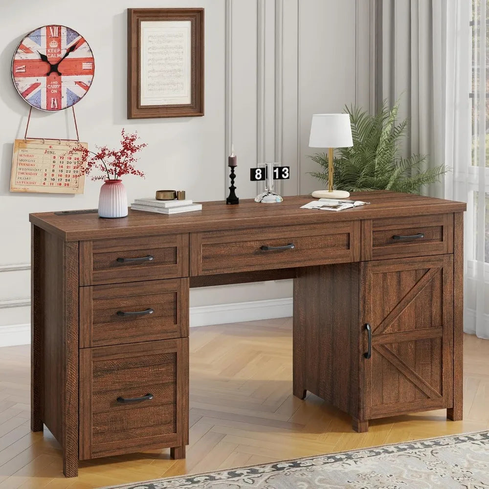 Farmhouse Home Office Desk with Drawers & Storage Cabinet