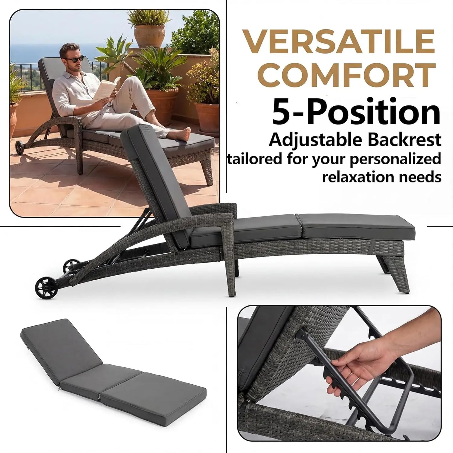 Set of 2 Upholstered Chaise Lounges with Wheels