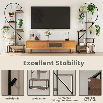 Tall Plant Stand Indoor, Metal Heart Shaped Plant Shelf for Plants Multiple with 6 Hanging Hooks & 12 Boards.