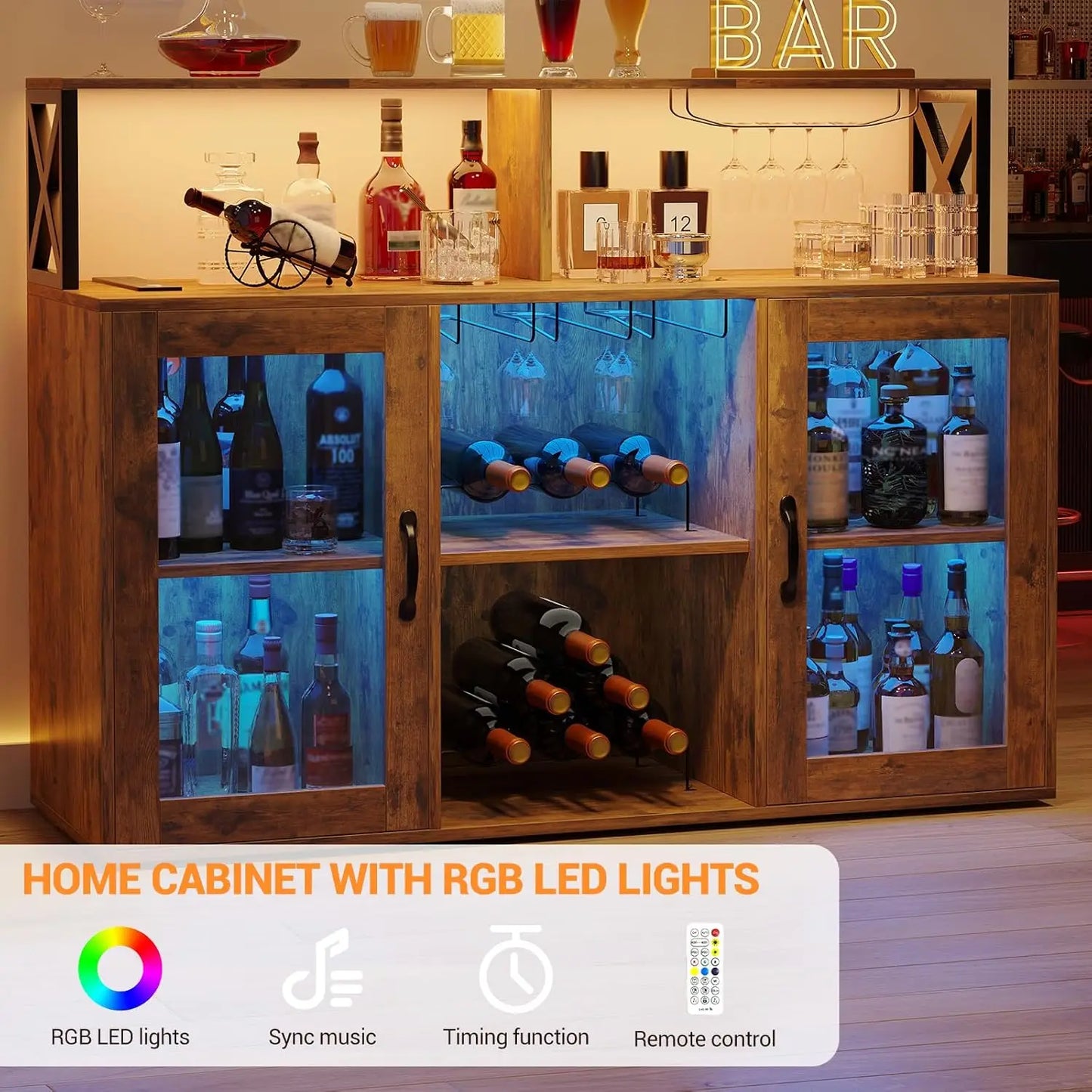 Farmhouse Wine Bar Cabinet with LED Light &Power Outlets