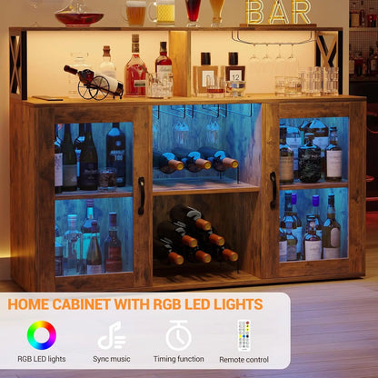 Farmhouse Wine Bar Cabinet with LED Light &Power Outlets