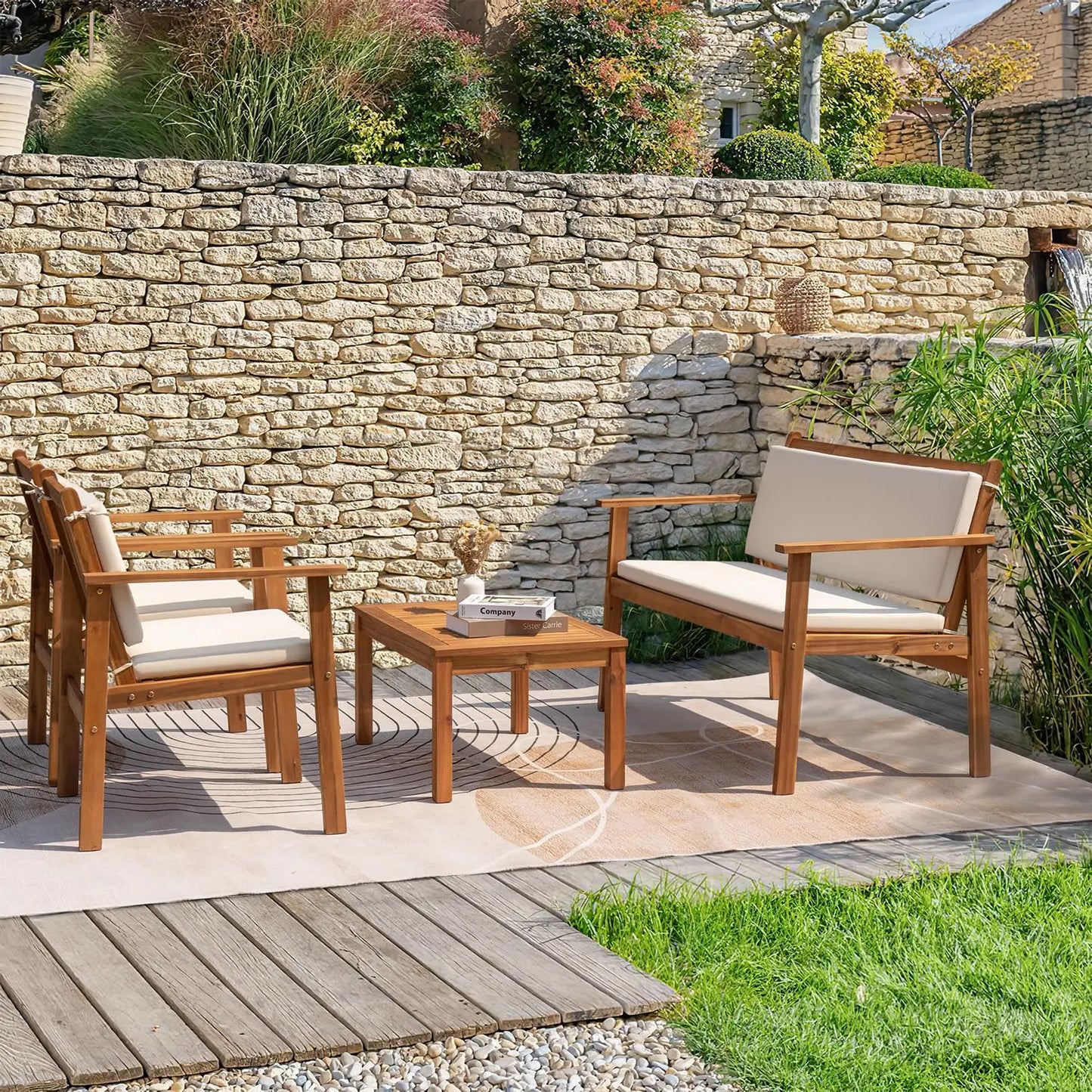 4 Piece Wood Patio Set with Loveseat & Coffee Table