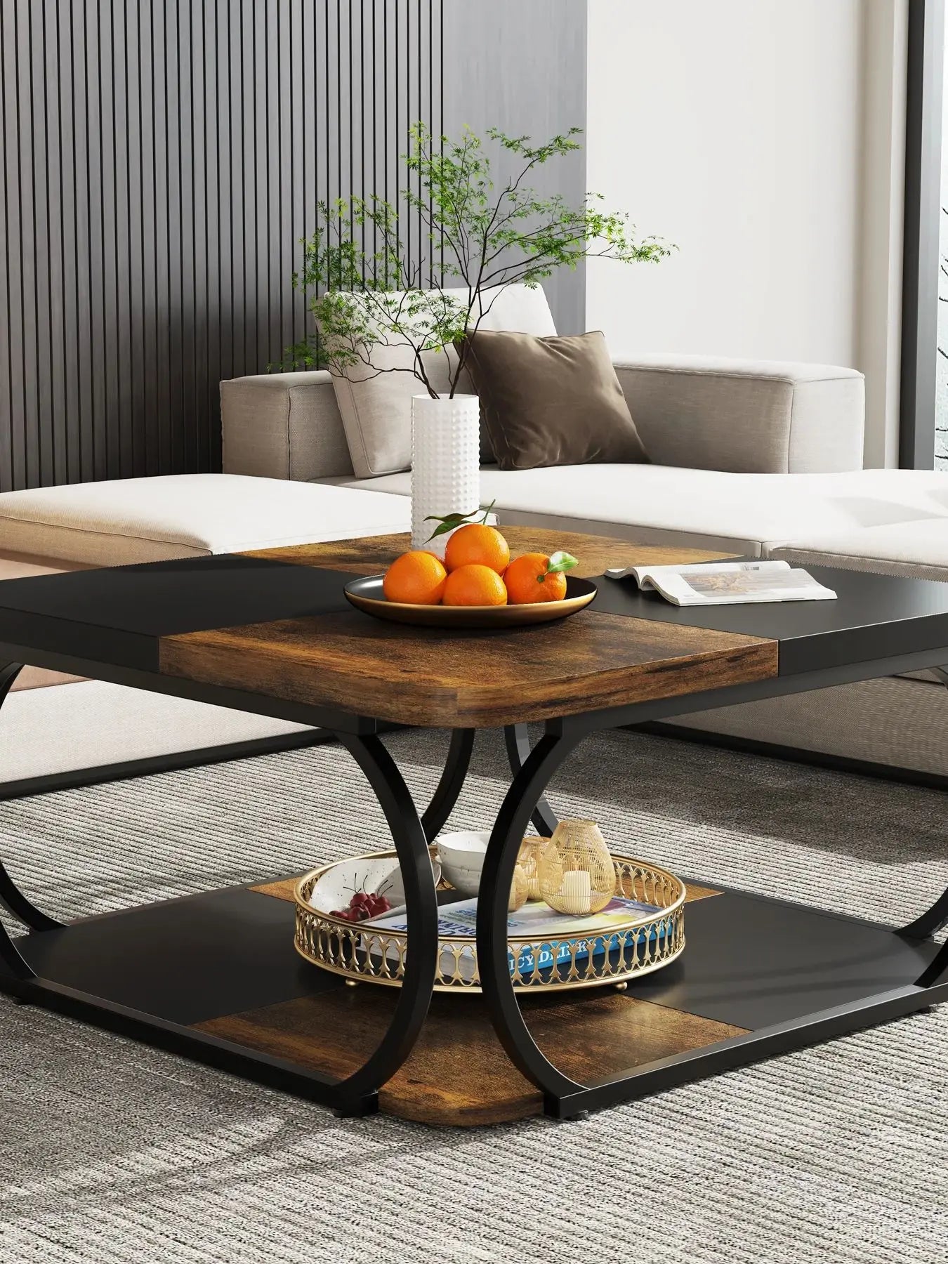 Farmhouse Coffee Table with Wood Storage Shelf